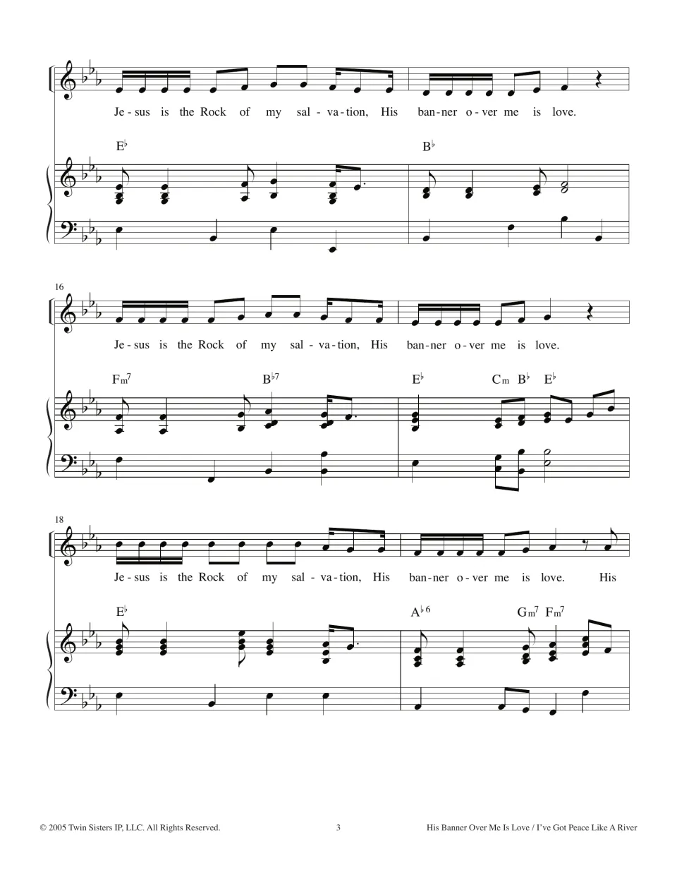 E-flat section, measures 14-19: the verse "Jesus is the Rock of my salvation" sung three times with chords