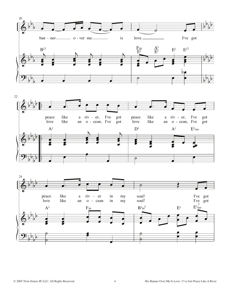 Second song starts in A-flat, measures 20-25: "peace like a river" with an alternate "love like an ocean" verse