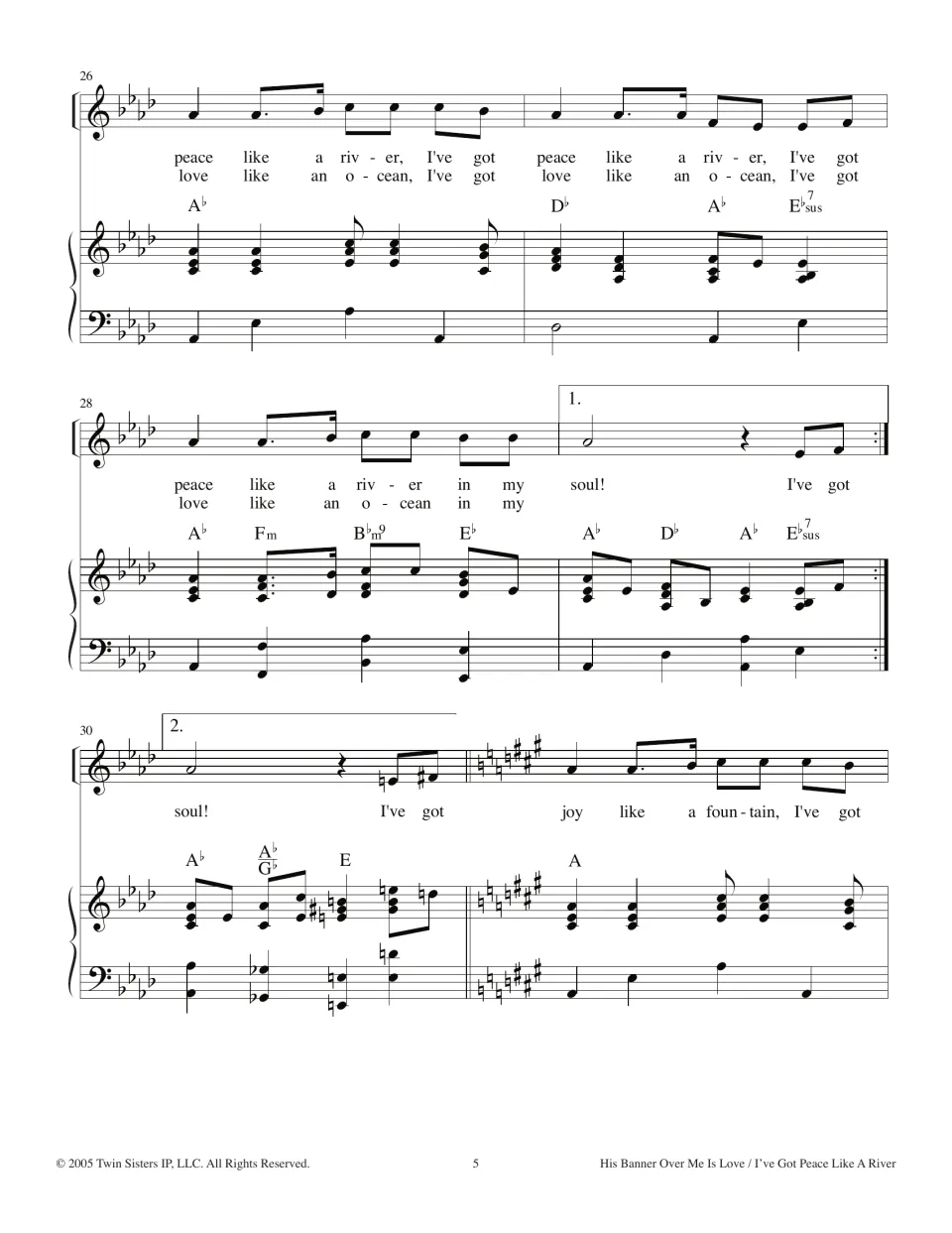 Measures 26-31: river verse ends with 1st and 2nd endings, then shifts to A major for "joy like a fountain"