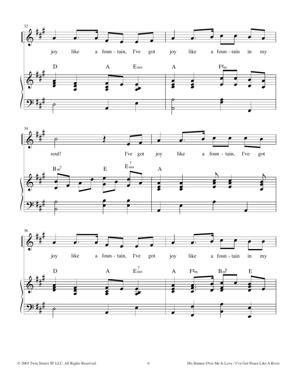 A major section, measures 32-37: the "joy like a fountain in my soul" verse with D, A, E and Bm7 chords
