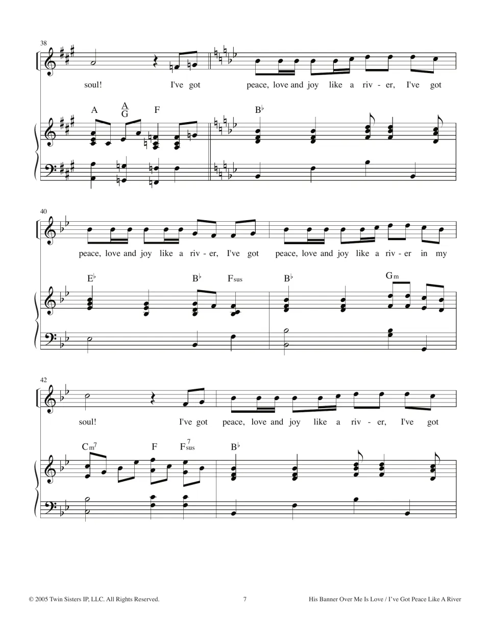 Final verse in B-flat, measures 38-43: lyrics "peace, love and joy like a river" set to quick sixteenth-note rhythms