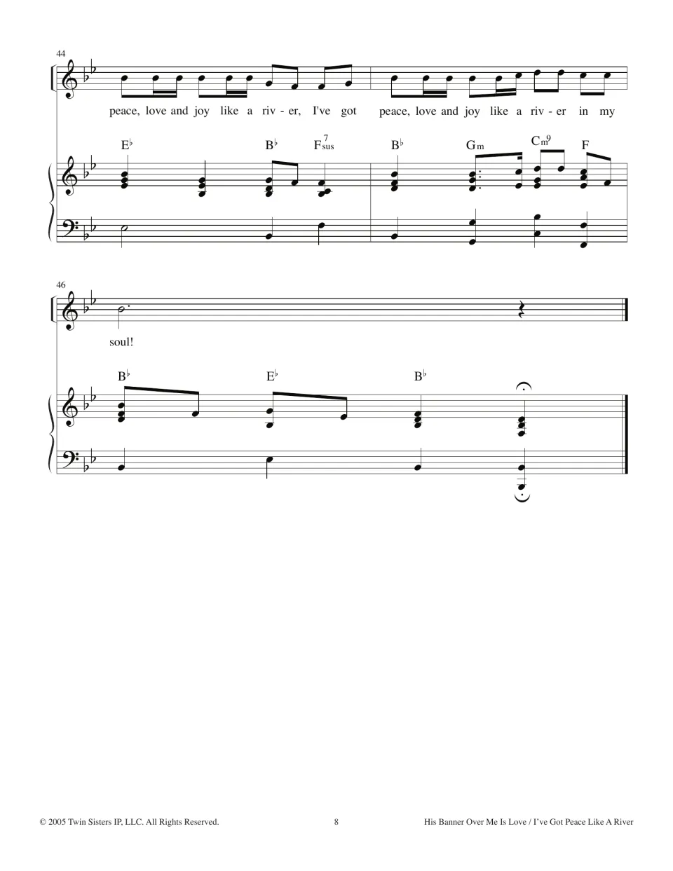 Closing measures 44-46: last "peace, love and joy like a river in my soul!" phrase and a final held B-flat chord