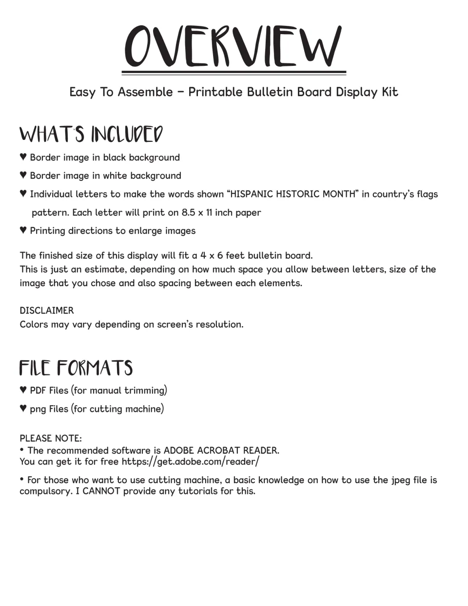 Kit overview listing black and white flag border strips, flag-pattern letters on letter paper, and PDF and PNG file formats