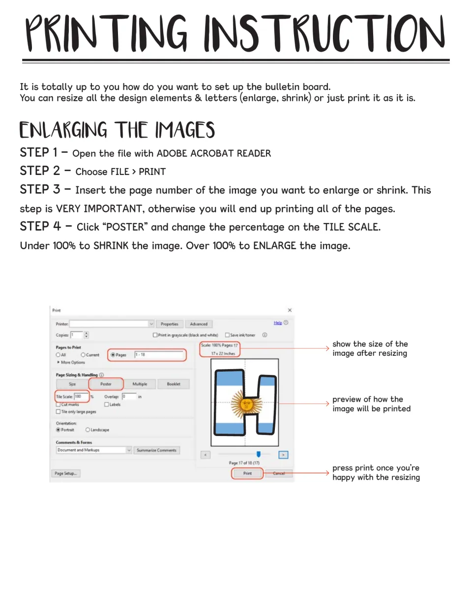 Printing steps for enlarging images in Adobe Acrobat using Poster mode and tile scale, with an annotated print dialog