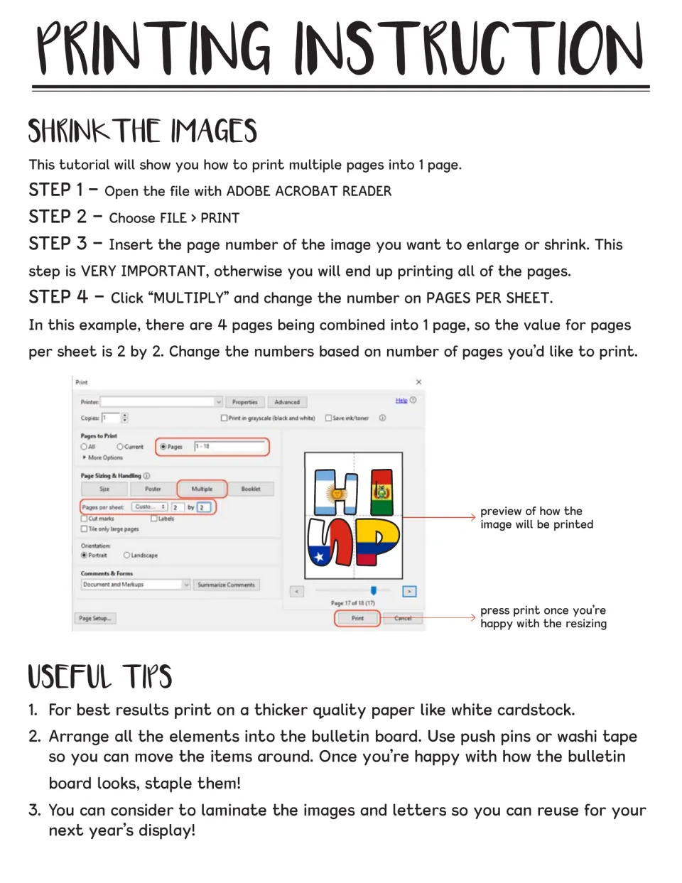 Printing steps to shrink images with Multiple pages per sheet in Acrobat, plus tips on cardstock, push pins and laminating