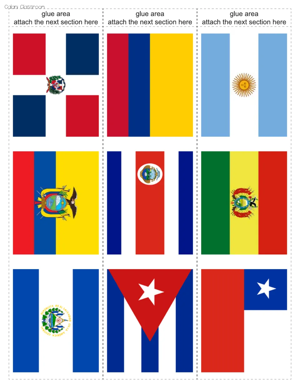 White cut-out pieces: flags of Dominican Rep., Colombia, Argentina, Ecuador, Costa Rica, Bolivia, El Salvador, Cuba, Chile