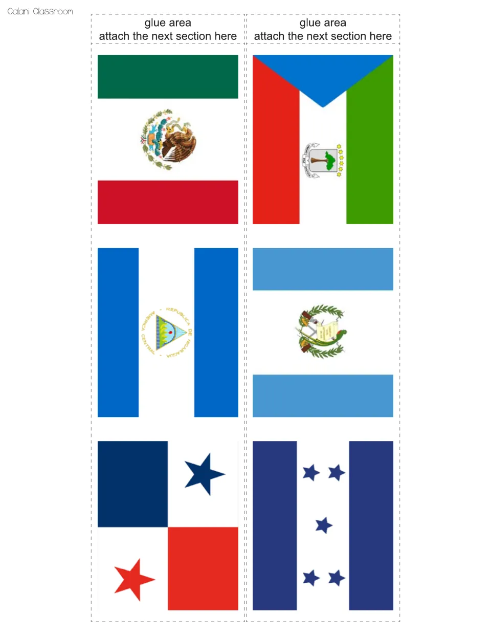 White border cut-out pieces with the flags of Mexico, Equatorial Guinea, Nicaragua, Guatemala, Panama and Honduras