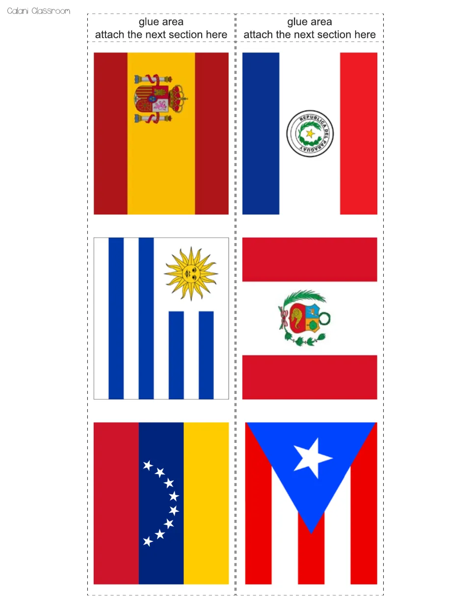 White border cut-out pieces showing flags of Spain, Paraguay, Uruguay, Peru, Venezuela and Puerto Rico