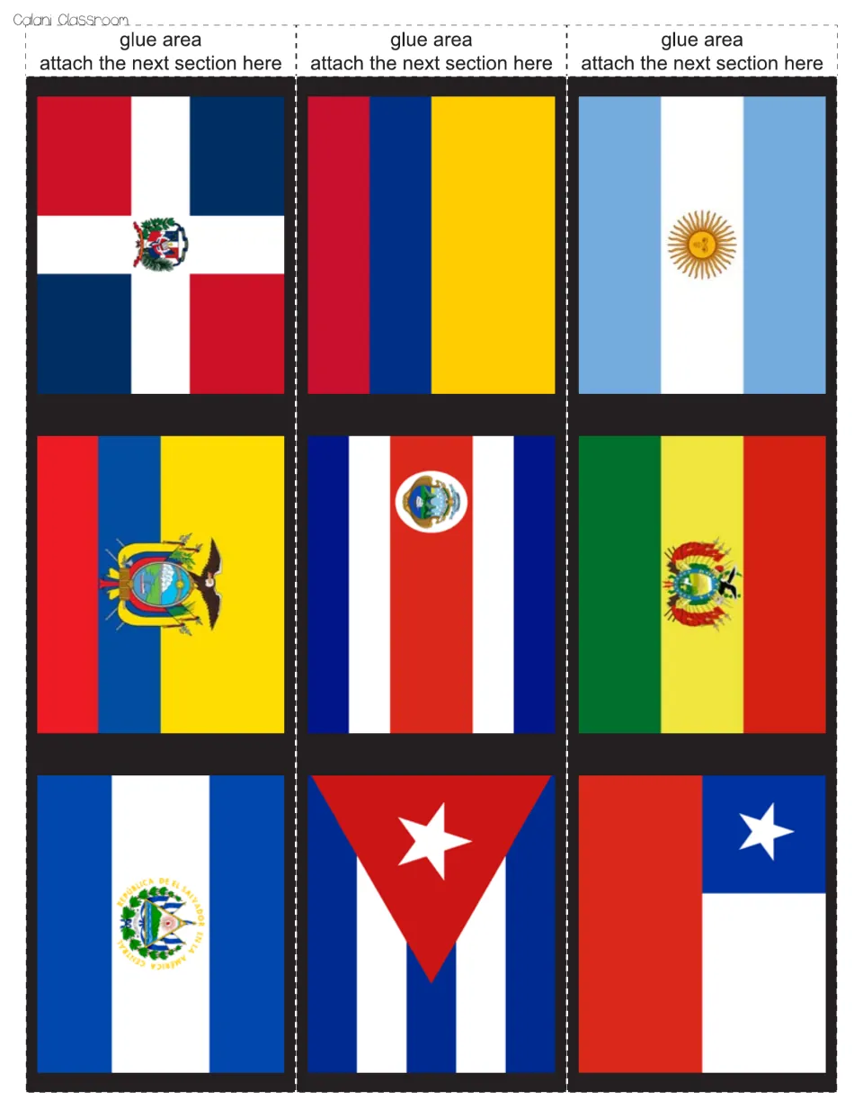Black cut-out pieces: flags of Dominican Rep., Colombia, Argentina, Ecuador, Costa Rica, Bolivia, El Salvador, Cuba, Chile
