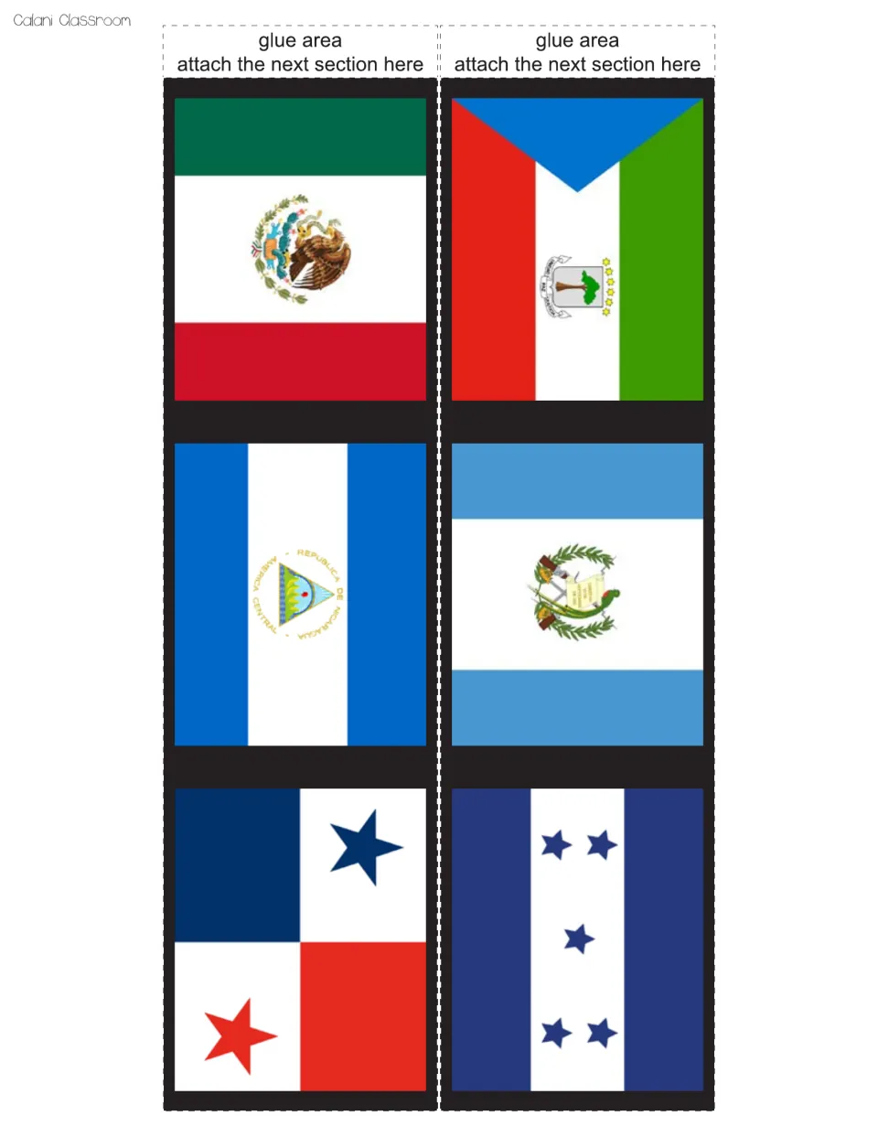 Black border cut-out pieces with the flags of Mexico, Equatorial Guinea, Nicaragua, Guatemala, Panama and Honduras