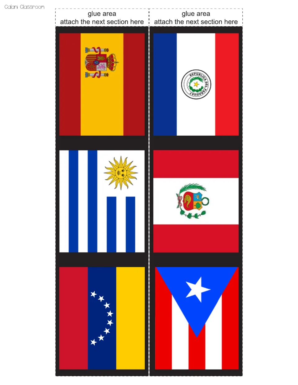 Black border cut-out pieces showing flags of Spain, Paraguay, Uruguay, Peru, Venezuela and Puerto Rico