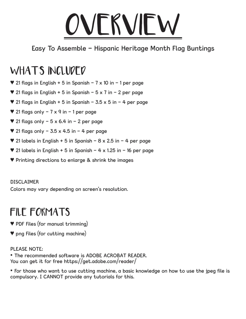 Overview listing flag and label sets in English and Spanish at several sizes, plus PDF and png file formats for trimming