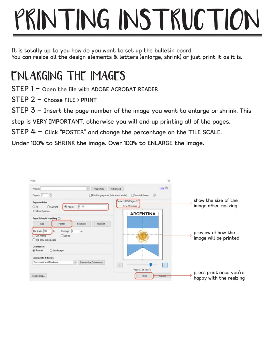 Printing instructions for enlarging flags in Adobe Acrobat Reader using Poster tile scale, with Argentina print preview