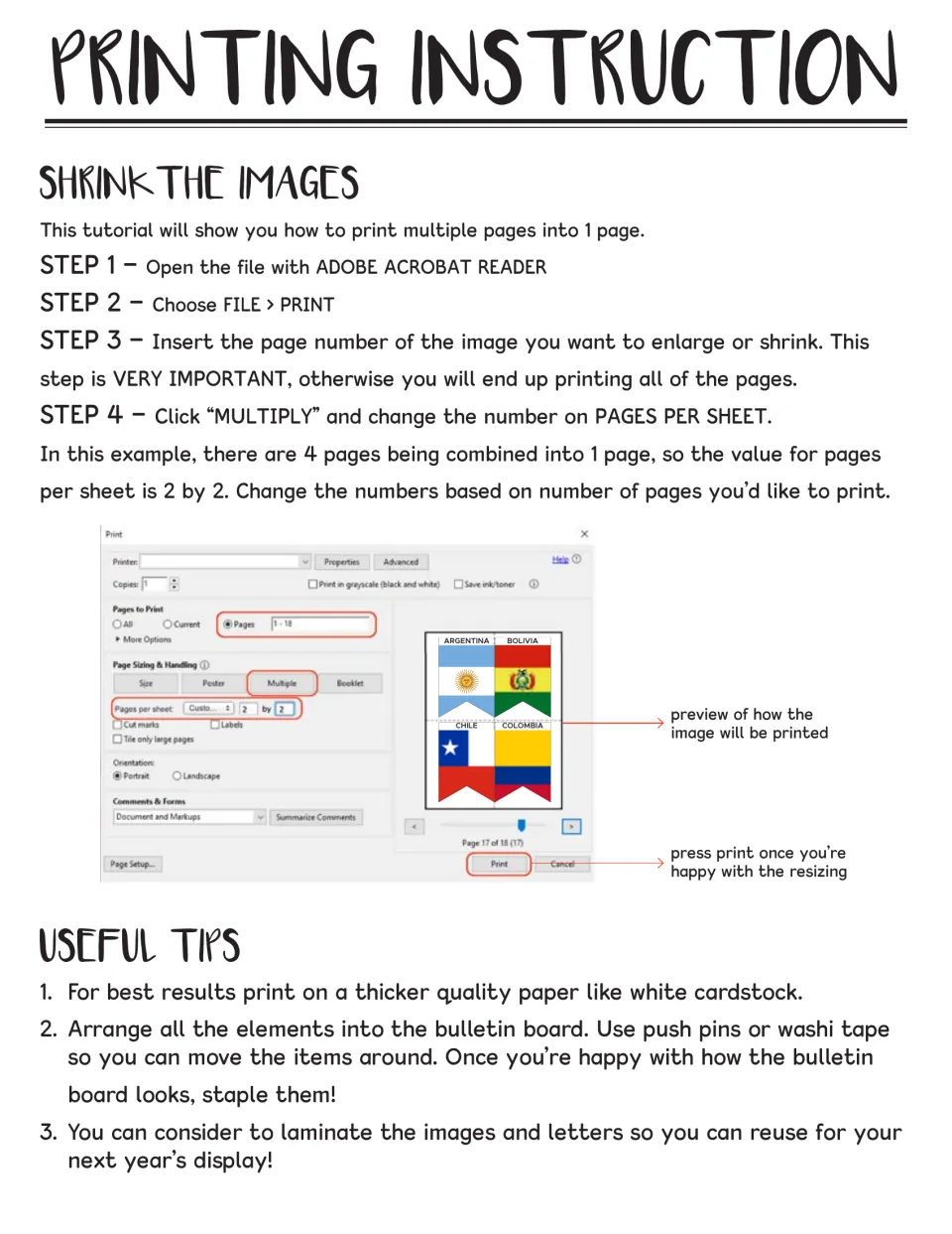 Printing instructions to shrink flags with Multiple pages per sheet, 4 flags on 1 page, plus cardstock and laminating tips