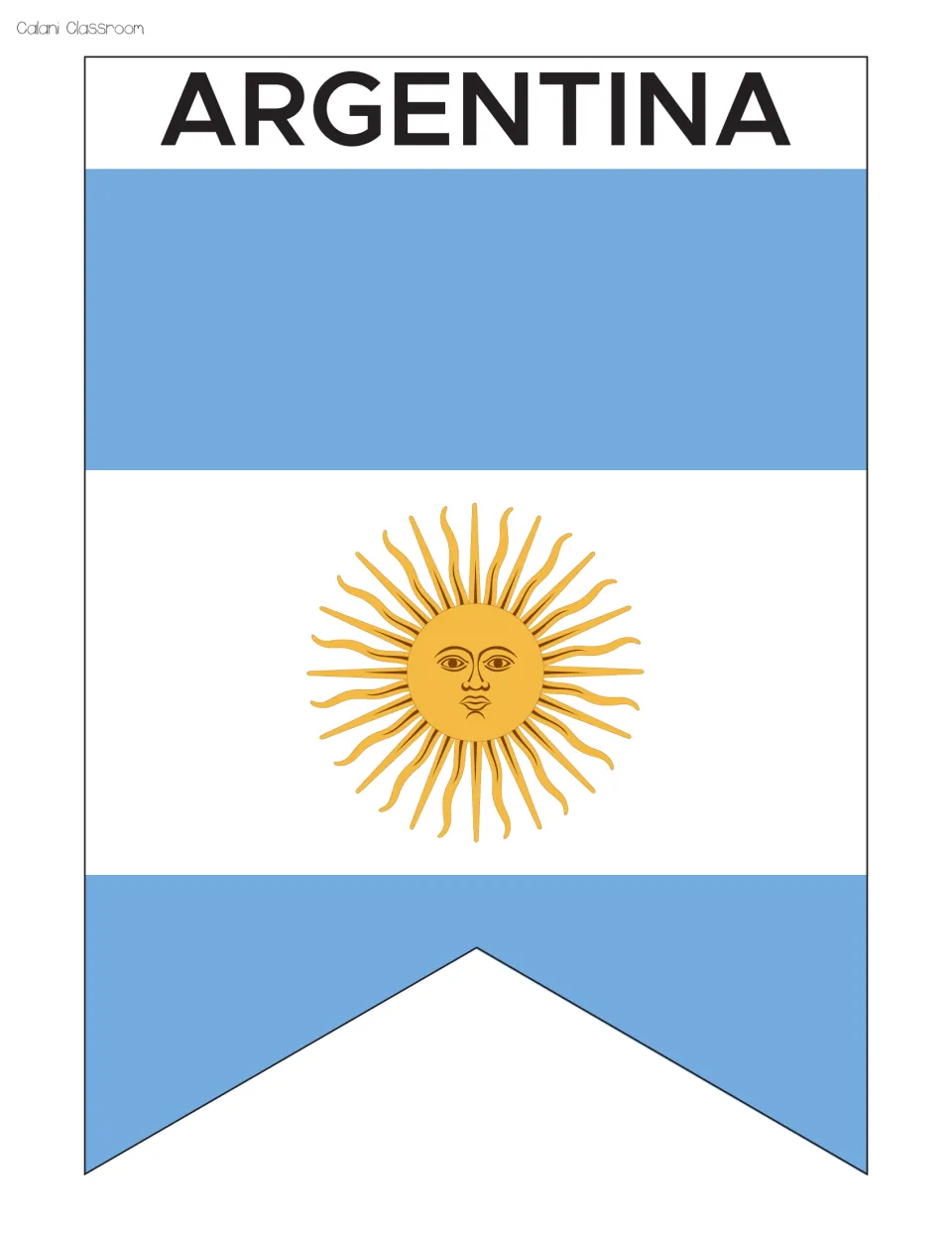 Argentina flag pennant labeled ARGENTINA: light blue and white bands with the golden Sun of May in the center, to cut out