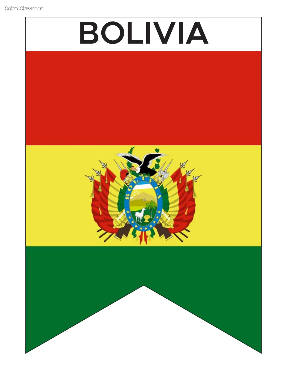 Bolivia flag pennant labeled BOLIVIA: red, yellow and green bands with the national coat of arms and condor in the center