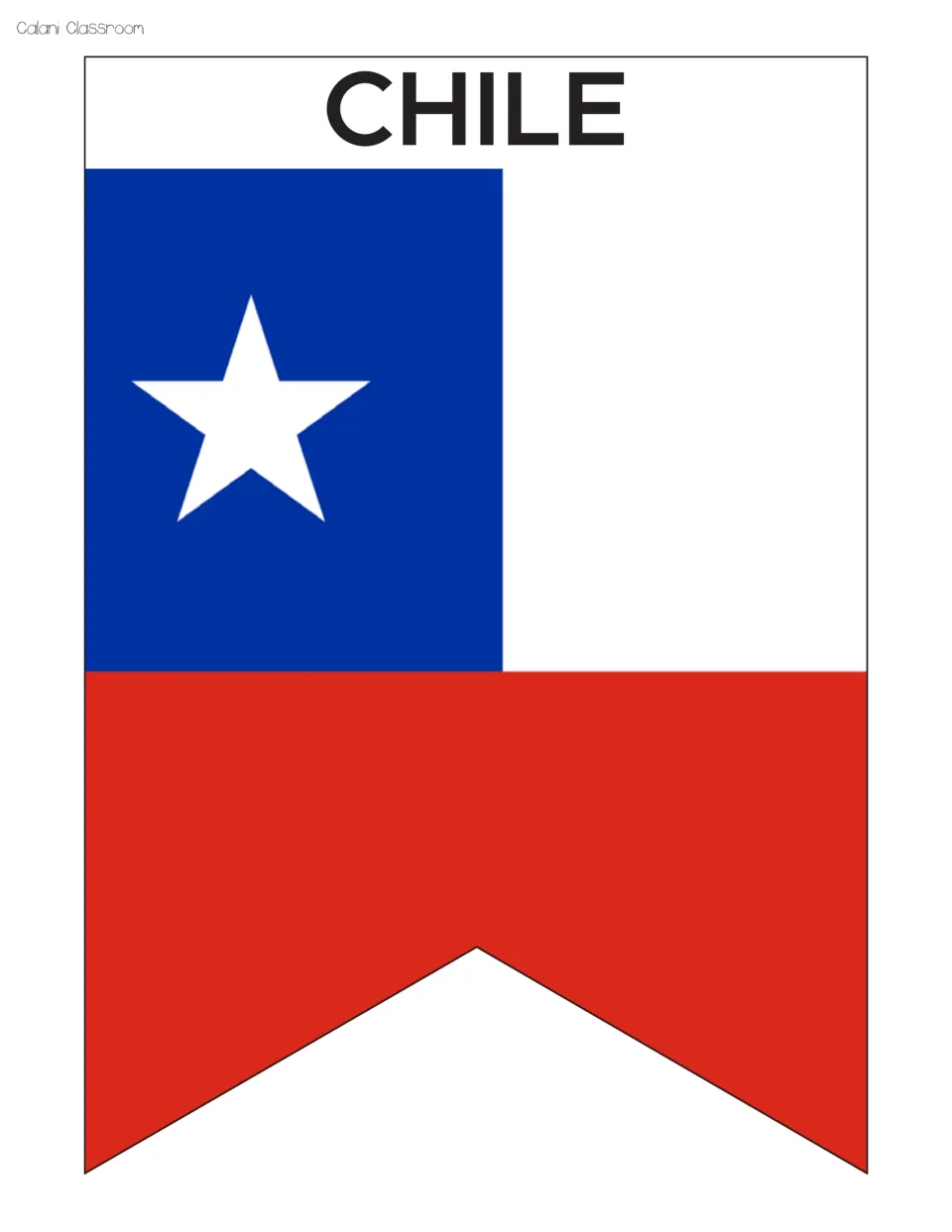 Chile flag pennant labeled CHILE: white star on a blue square beside a white band, above a red lower half, ready to trim