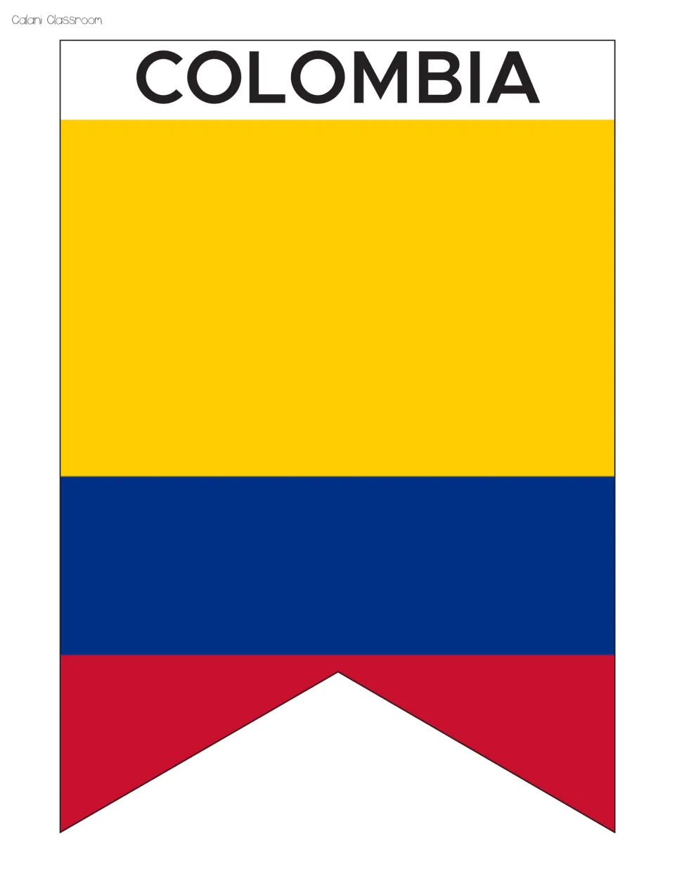 Colombia flag pennant labeled COLOMBIA: a wide yellow band above narrower blue and red bands, notched at the bottom