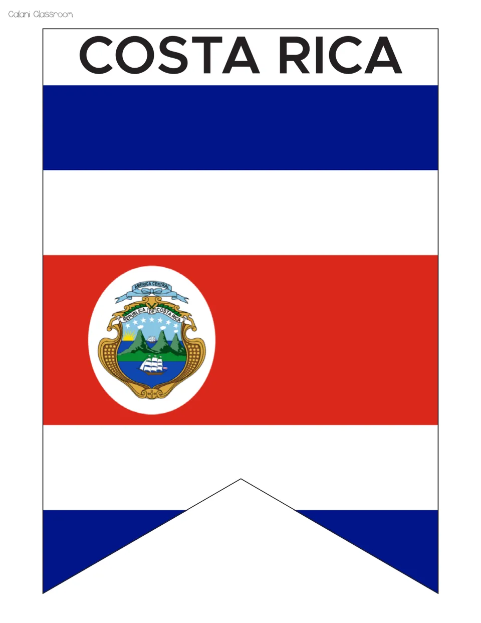 Costa Rica flag pennant labeled COSTA RICA: blue, white and red bands with the coat of arms showing volcanoes and a ship