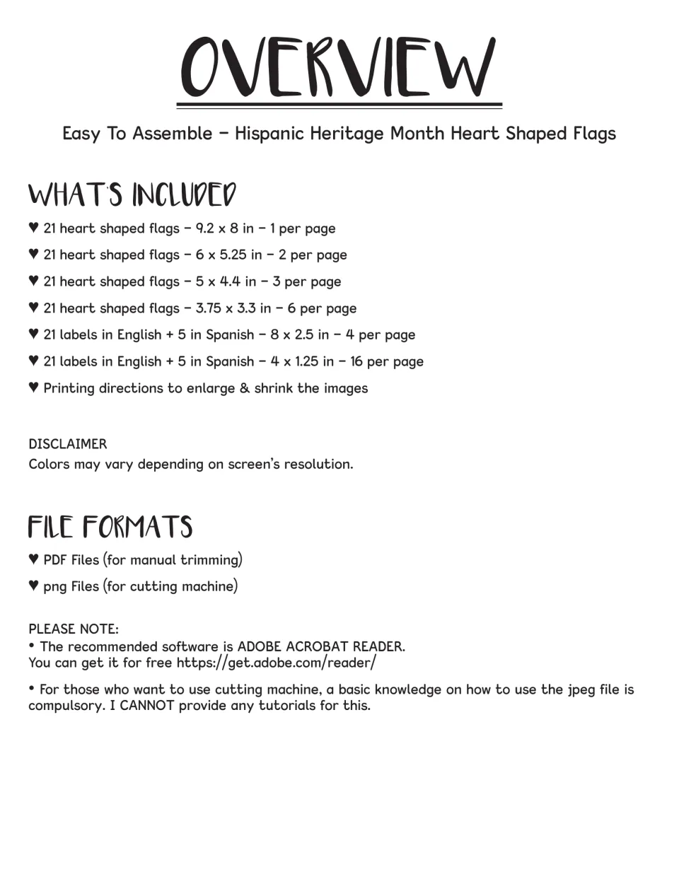 Overview listing what's included: 21 heart flags in four sizes, English and Spanish labels, and PDF and png file formats