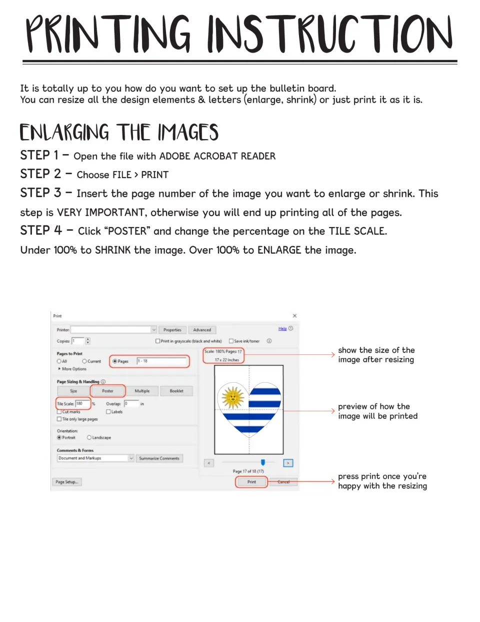 Printing instructions for enlarging flags in Adobe Acrobat Reader using Poster mode and tile scale, with a print dialog
