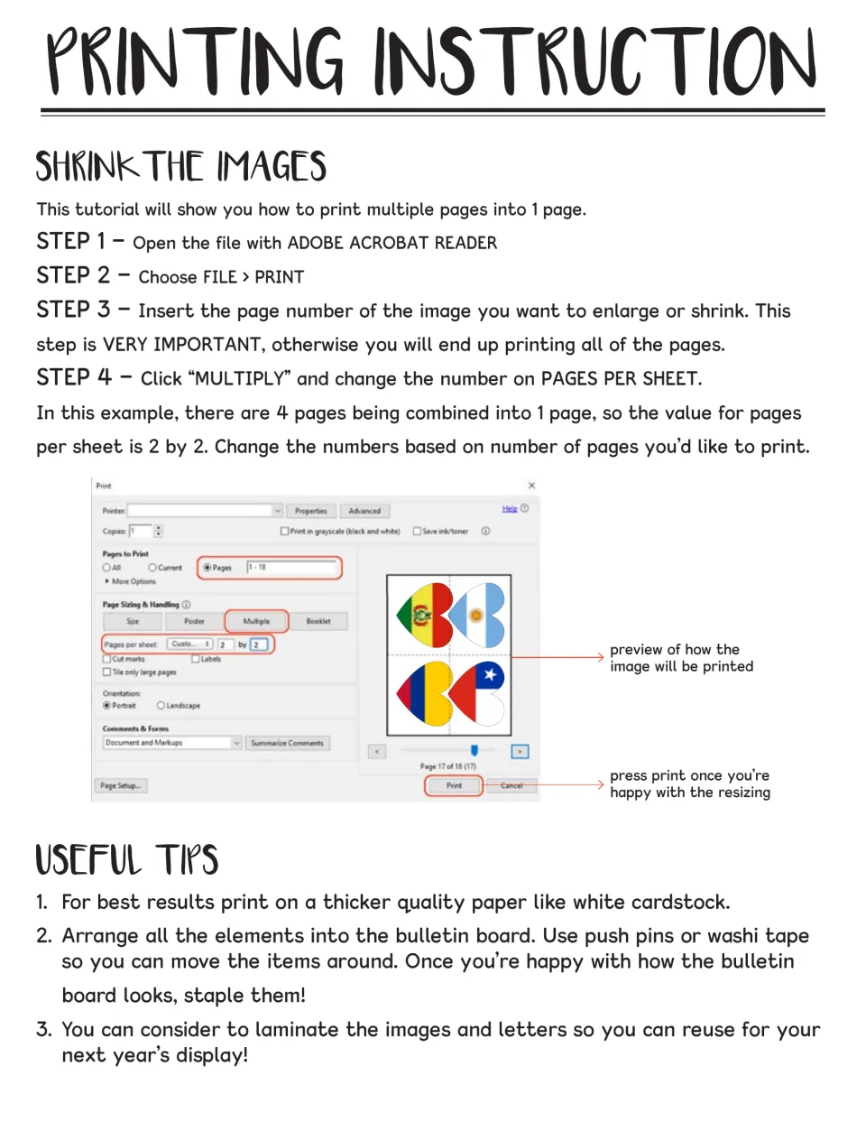 Printing instructions for shrinking flags with Multiple pages per sheet, plus tips on cardstock, pinning and laminating
