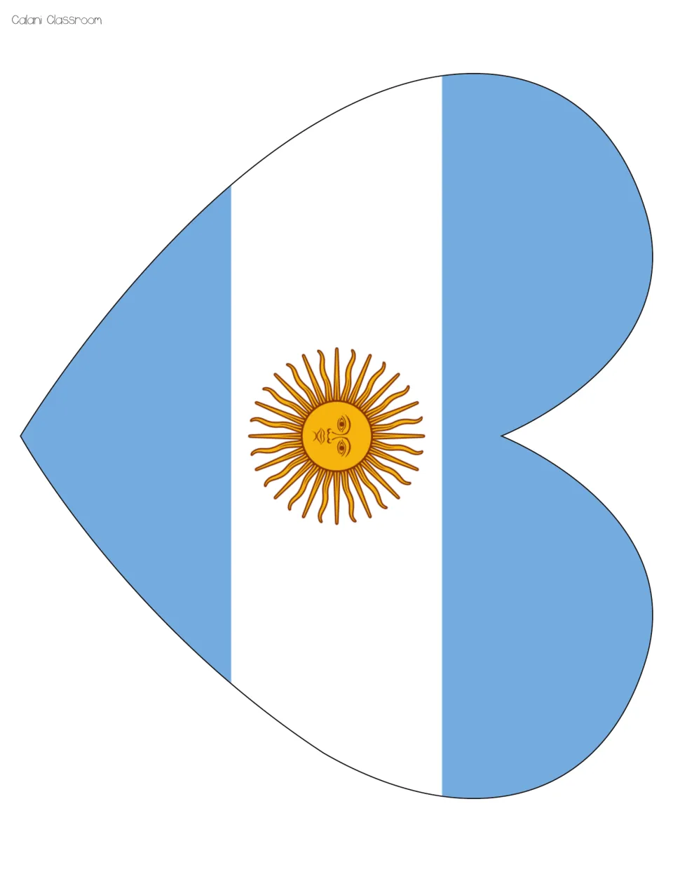 Argentina flag heart cut-out: light blue and white stripes with the gold Sun of May, printed full page at 9.2 x 8 in