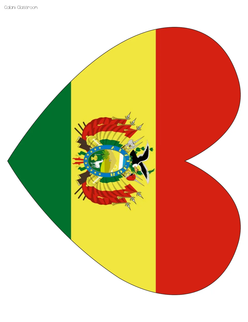 Bolivia flag heart to cut out: red, yellow and green stripes with the national coat of arms, sized one per page