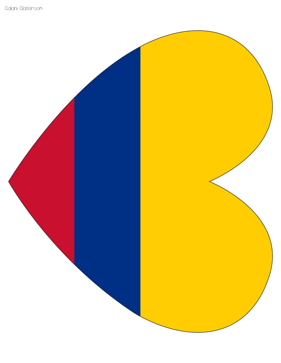 Colombia flag heart ready to cut: wide yellow band with narrower blue and red stripes, a full-page display piece