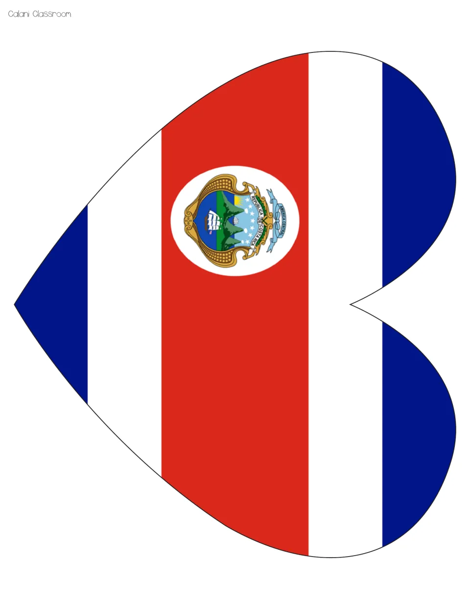 Costa Rica flag heart to cut out: blue, white and red stripes with the coat of arms in a white oval on the red band
