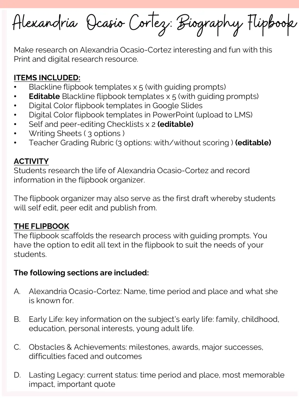 Biography resource overview listing included materials and research sections from early life to lasting legacy