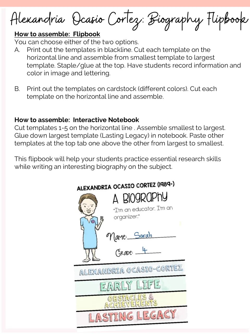 Biography flipbook assembly instructions for blackline or colored cardstock copies and interactive notebooks