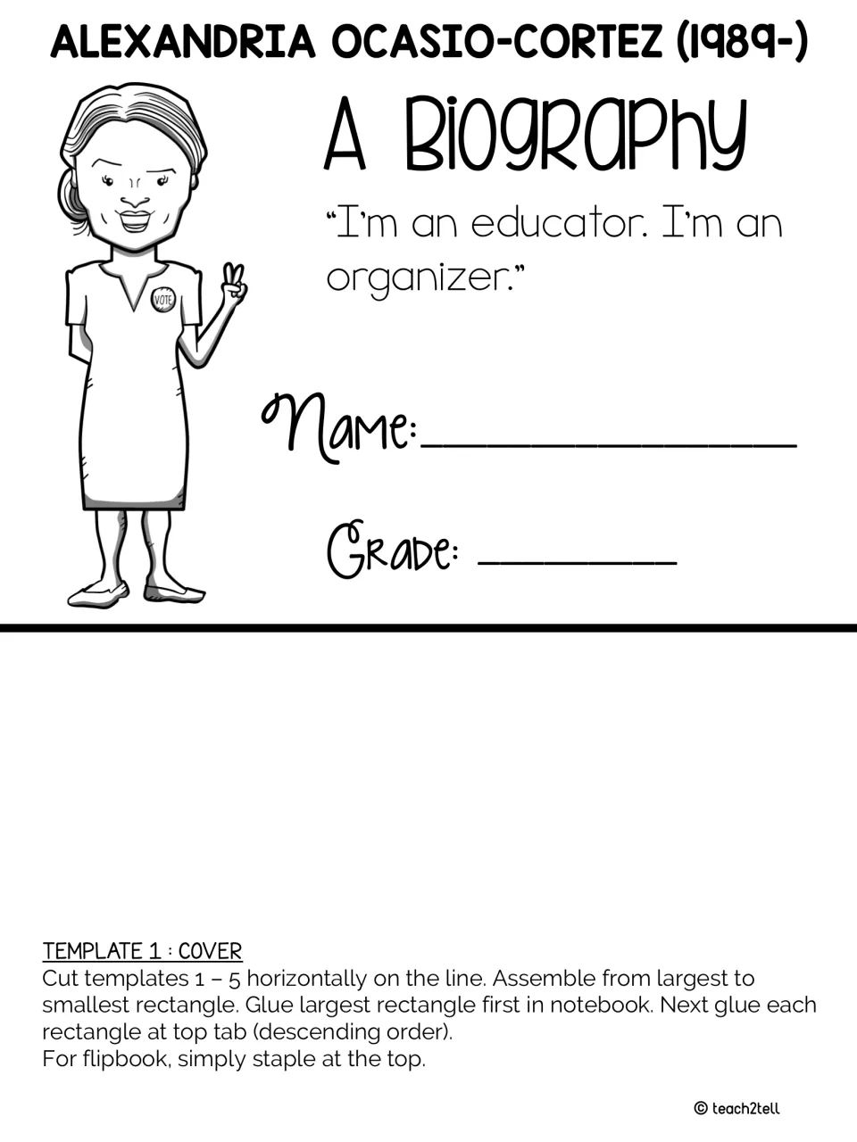 Flipbook template 1: biography cover for Alexandria Ocasio-Cortez, with her quote and student name and grade