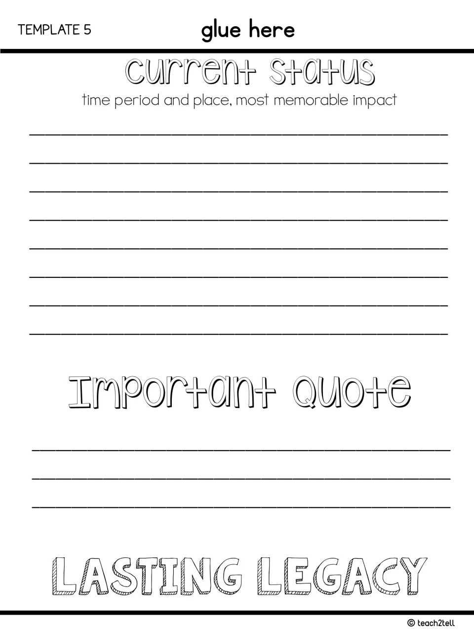Flipbook template 5: Lasting Legacy asks for current status, time period and place, impact, and a quote