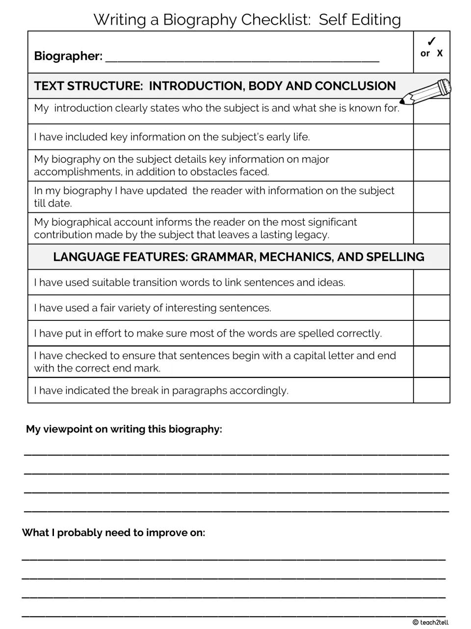 Biography self-editing checklist reviews structure and language, with reflection and improvement prompts