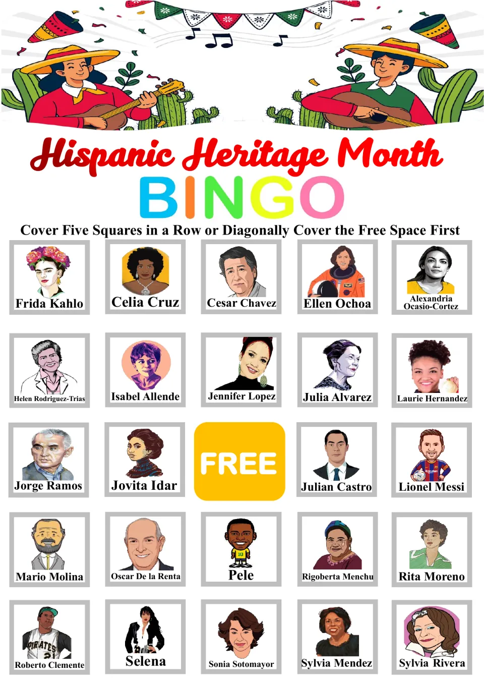 Hispanic Heritage Month bingo card: students cover five in a row of 24 figures, top row Frida Kahlo through Ocasio-Cortez