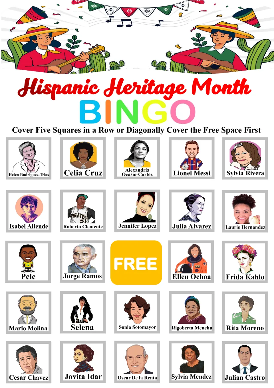 Bingo card in a new order: students mark called names; top row starts Helen Rodriguez-Trias, Celia Cruz and Ocasio-Cortez