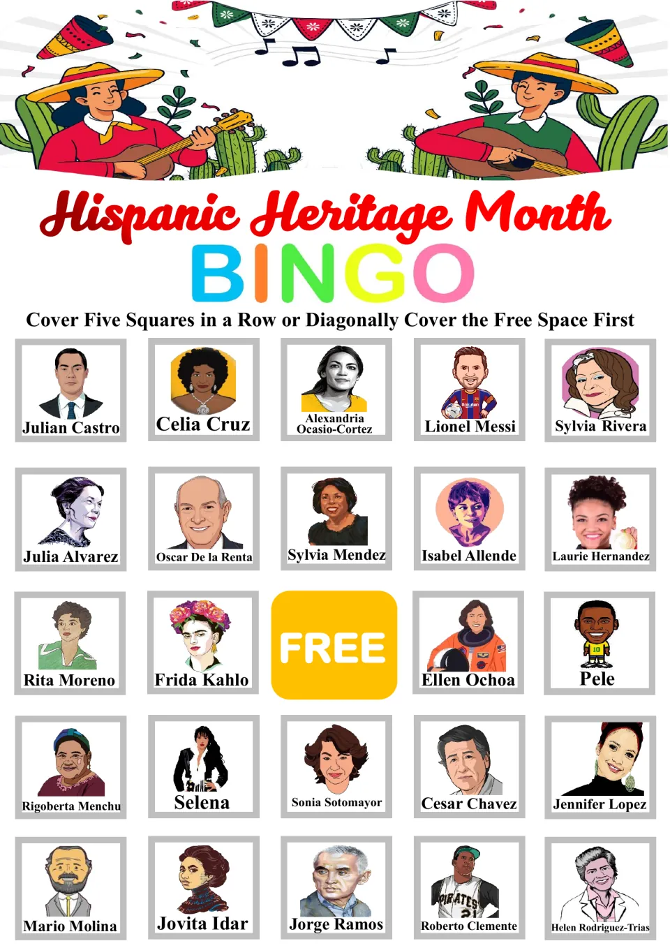 Bingo card of Hispanic and Latino figures; top row begins with Julian Castro and bottom row ends with Helen Rodriguez-Trias
