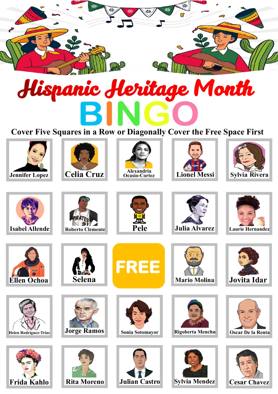 Bingo card with Jennifer Lopez in the top-left square and Cesar Chavez bottom right; students cover five in a row to win