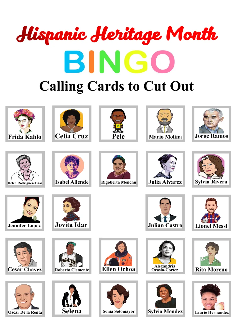 Calling cards to cut out: 24 labeled portraits matching the bingo squares, from Frida Kahlo to Sonia Sotomayor