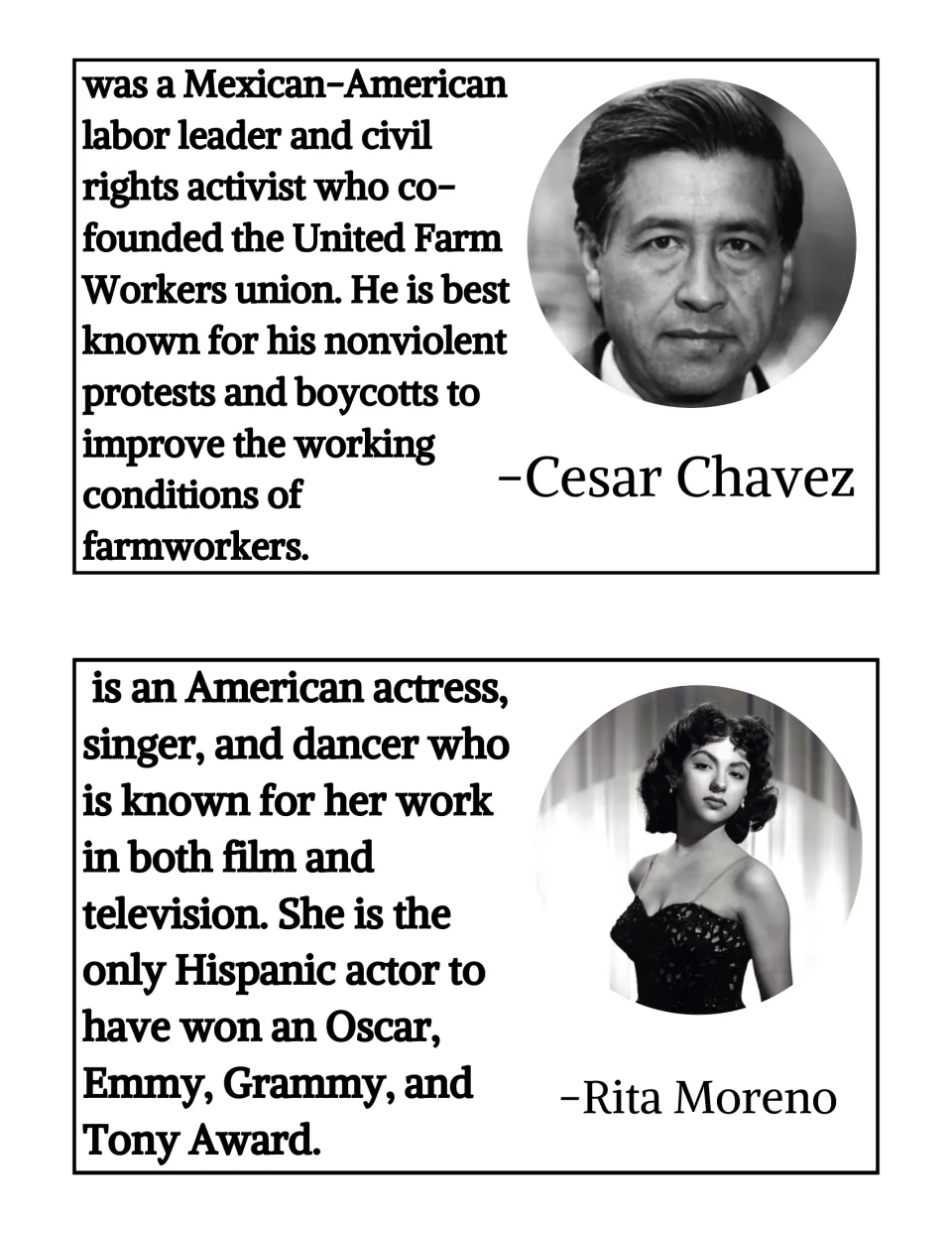 Biography cards for Cesar Chavez, labor leader and UFW co-founder, and Rita Moreno, Oscar, Emmy, Grammy and Tony winner
