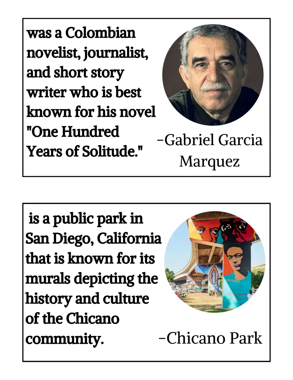 Cards on Gabriel Garcia Marquez, author of One Hundred Years of Solitude, and San Diego's Chicano Park and its murals