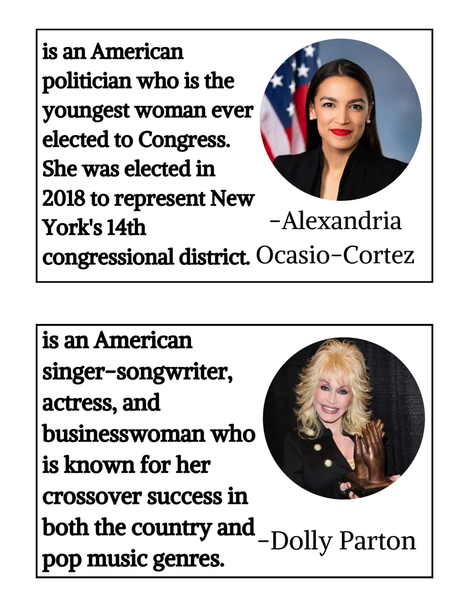 Biography cards for Alexandria Ocasio-Cortez, elected to Congress in 2018, and singer-songwriter Dolly Parton