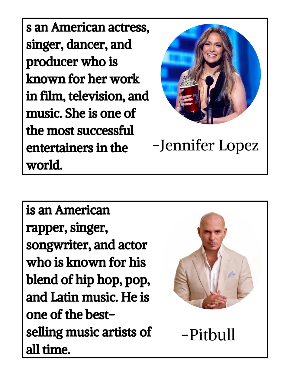 Biography cards for Jennifer Lopez, actress and singer, and Pitbull, rapper blending hip hop, pop and Latin music