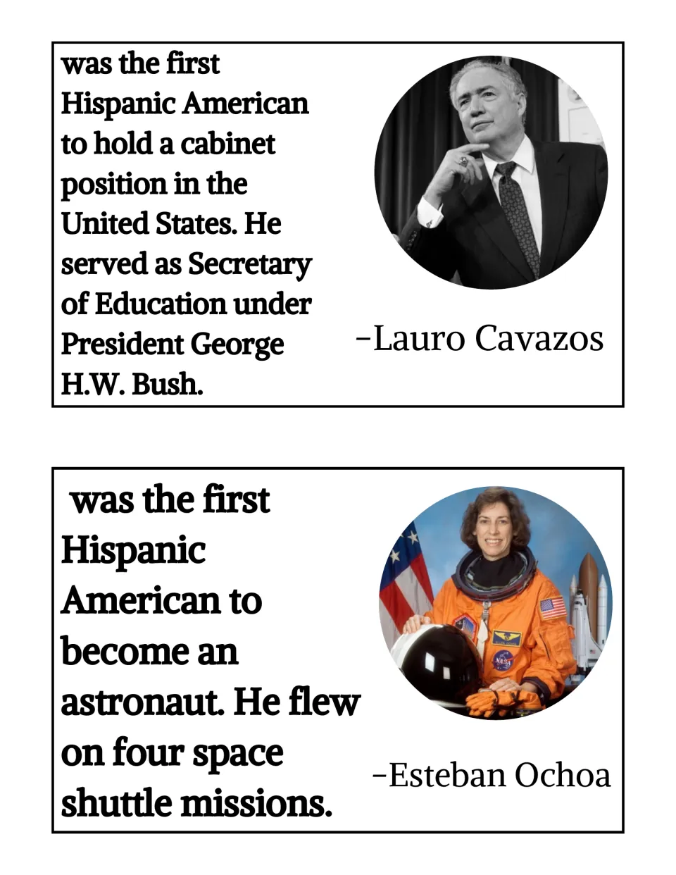 Leader cards: photo and fact for Lauro Cavazos, first Hispanic cabinet member, and an astronaut card labeled Esteban Ochoa