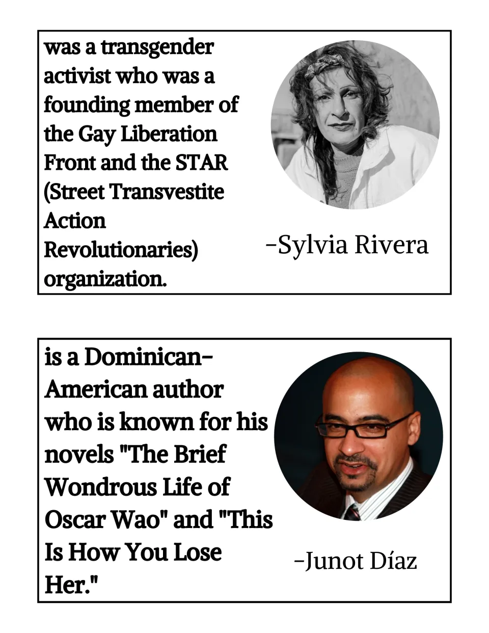 Leader cards: photo and fact for activist Sylvia Rivera, STAR co-founder, and Dominican-American author Junot Díaz