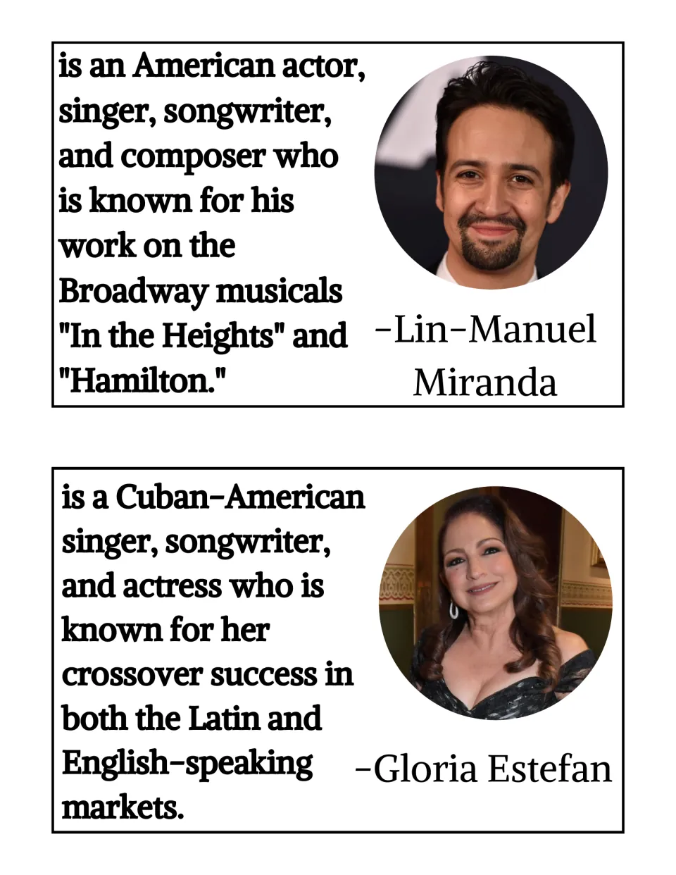 Leader cards: photo and fact for Lin-Manuel Miranda of In the Heights and Hamilton, and Cuban-American singer Gloria Estefan