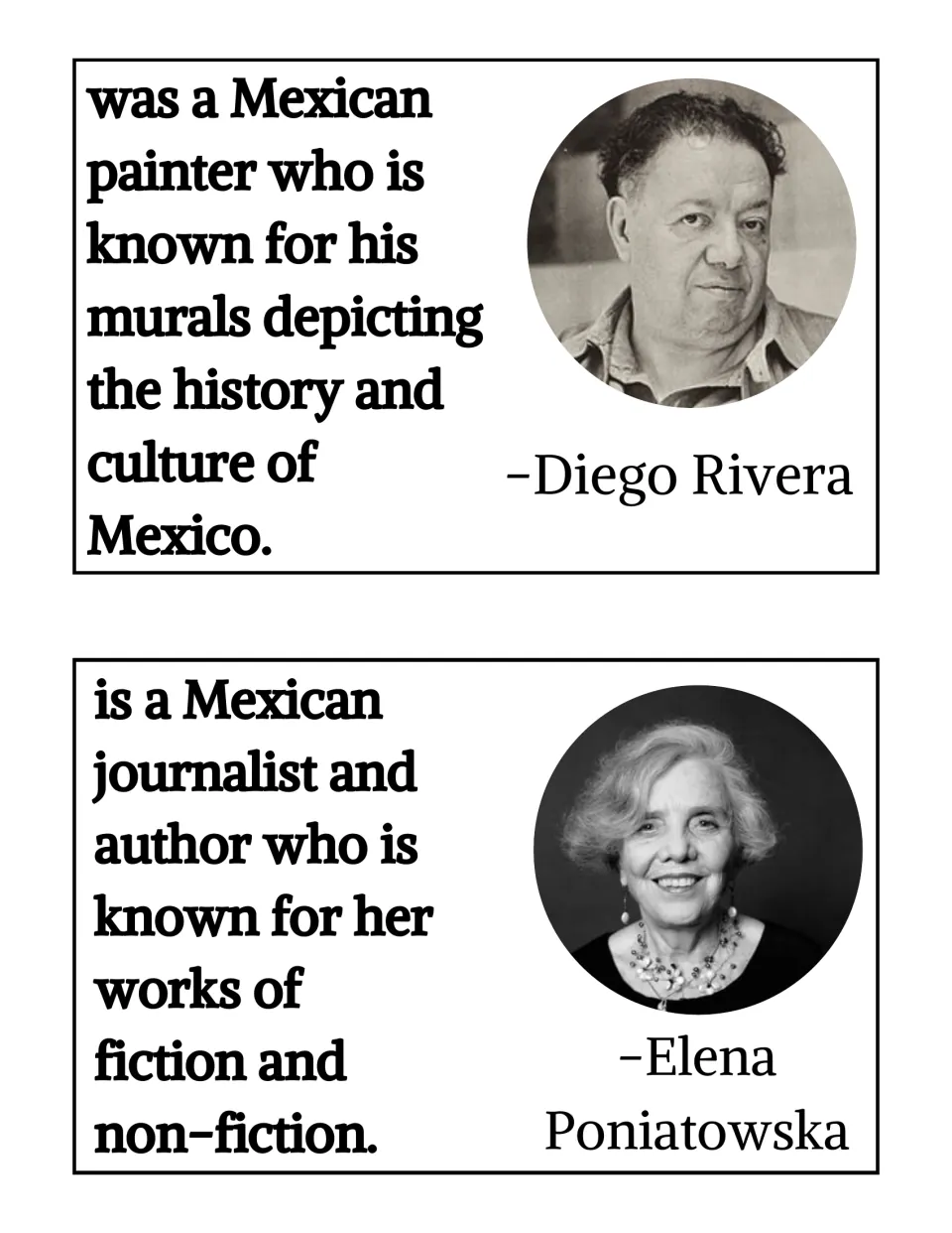 Leader cards: photo and fact for Mexican muralist Diego Rivera and Mexican journalist and author Elena Poniatowska