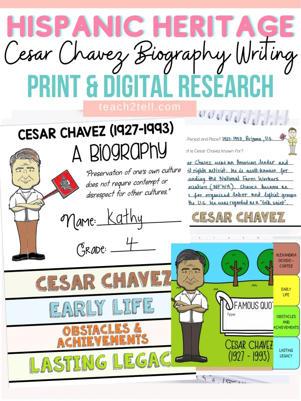 Cesar Chavez biography writing cover for print and digital research, showing a filled-in flipbook and digital slide version