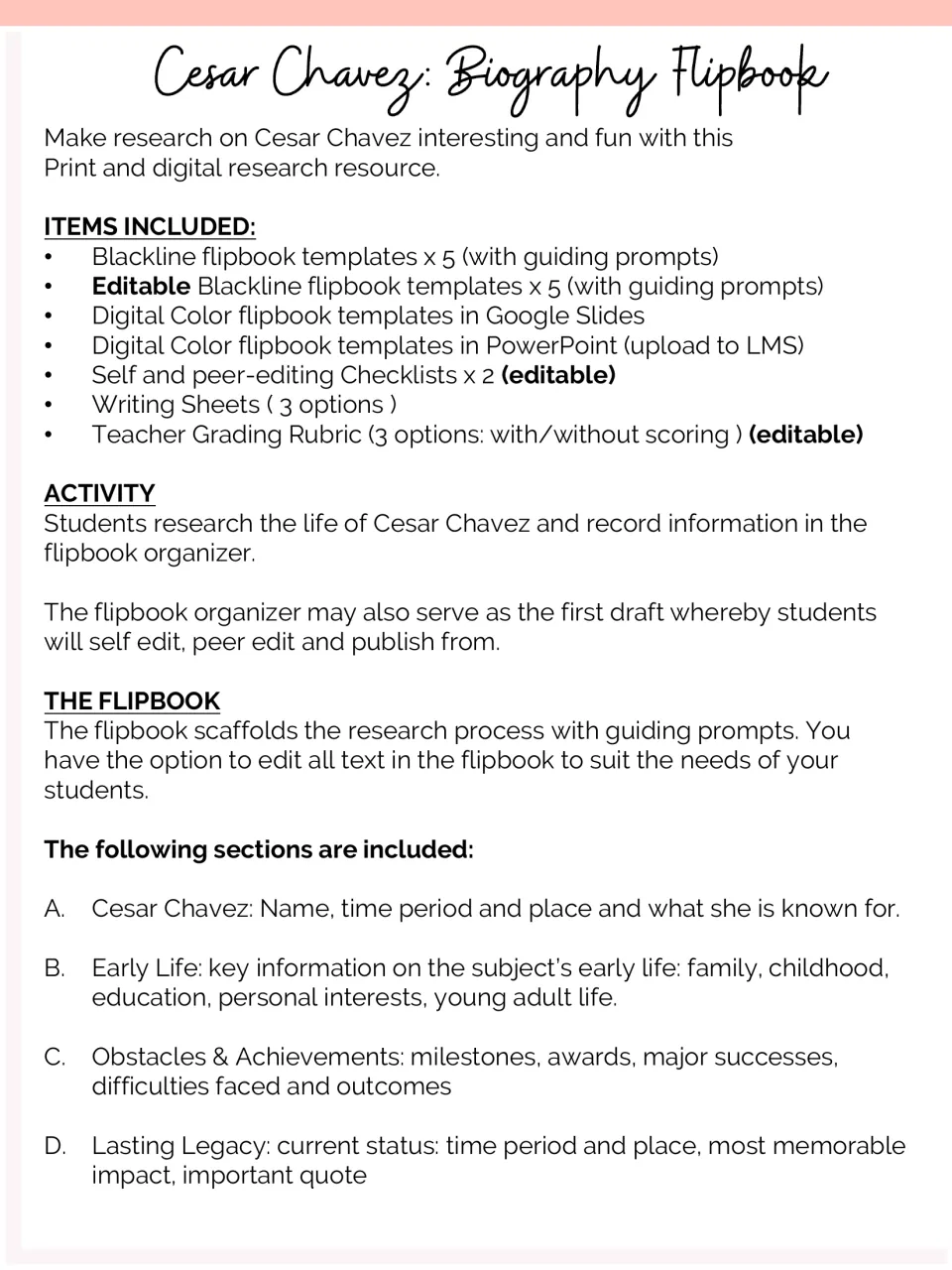 Flipbook overview: items included, the Cesar Chavez research activity and sections A-D from Early Life to Lasting Legacy